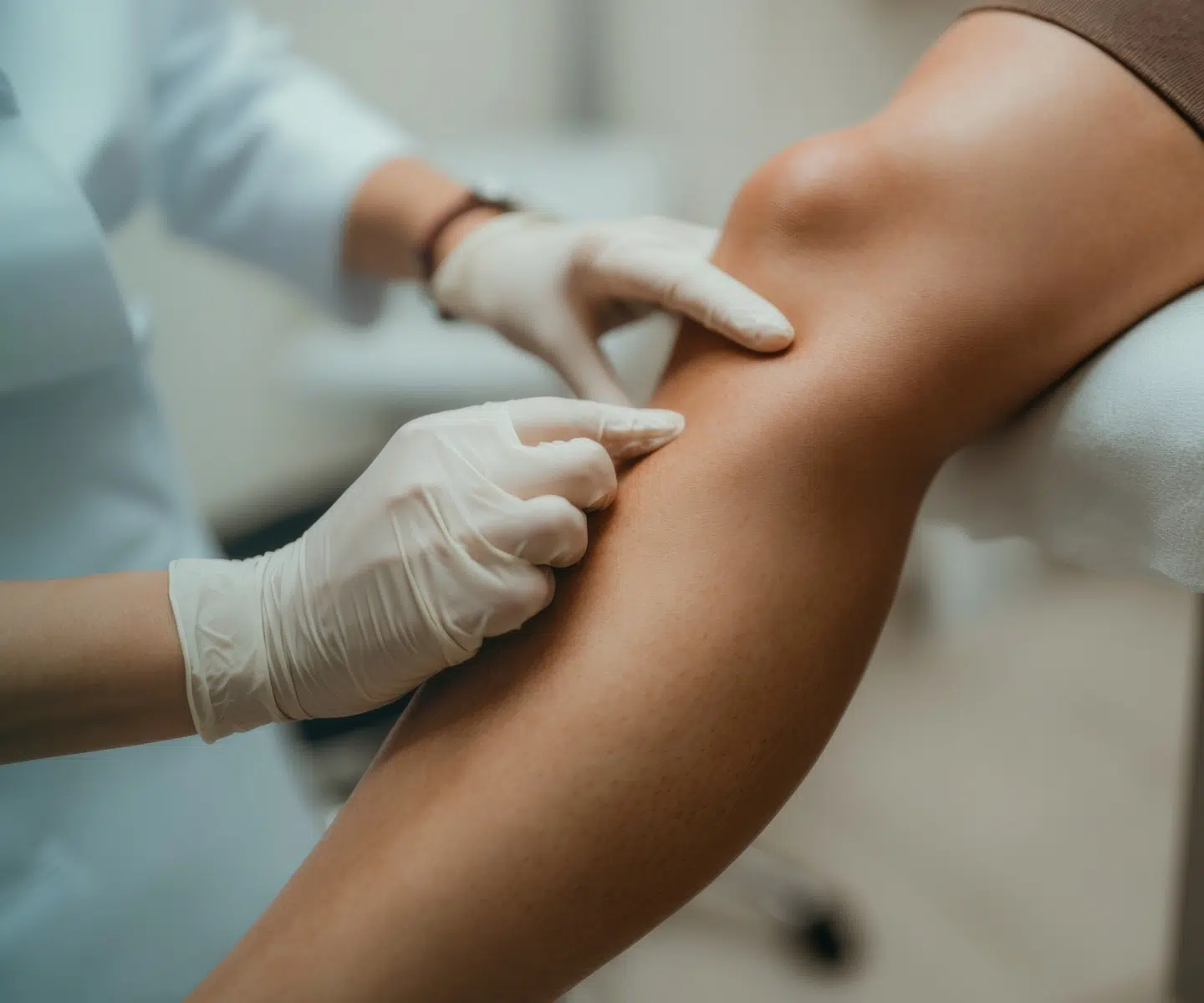 Palpation du genou par des mains gantées, cryoneurolyse du genou – IRMI