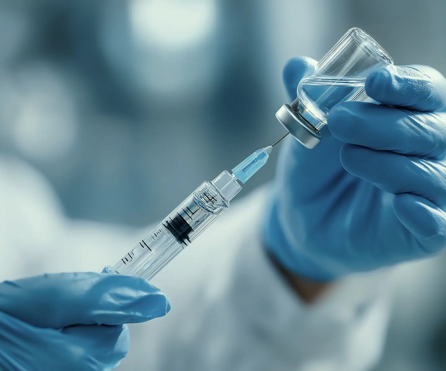 Seringue prélevant un produit dans un flacon, embolisation de la tendinopathie de la cheville – IRMI